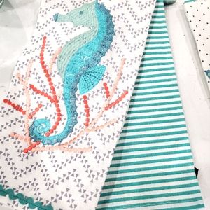 SEAHORSE Embroidered Aqua/Coral design COASTAL Towels #2